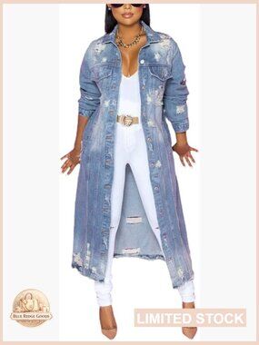 Ripped Holes Denim Jacket Trench Coat Maxi Long Oversized Vintage Y2K